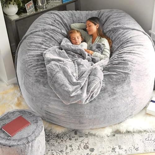 Oversize Light Grey Bean Bag Chair for Adults Kids, Round & Comfortable