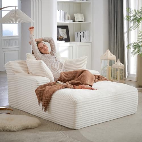 Oversized Chaise Lounge Chair, 50"W Corduroy Couch, Comfy Pillows, Modern Livingroom/Bedroom, White