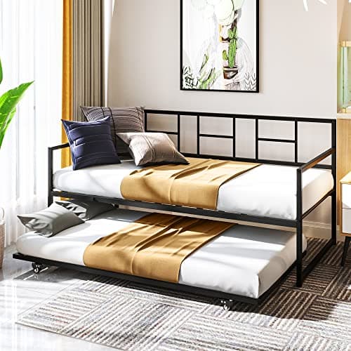 YITAHOME Black Twin Daybed with Trundle and Adjustable Height for Living and Guest Room sofa Couch with Steel Slat Support