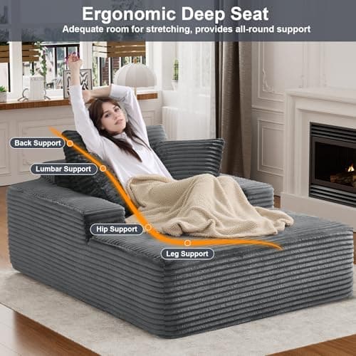 Oversized Dark Gray Faux Fur Chaise Lounge Chair with Recliner & Throw Pillows