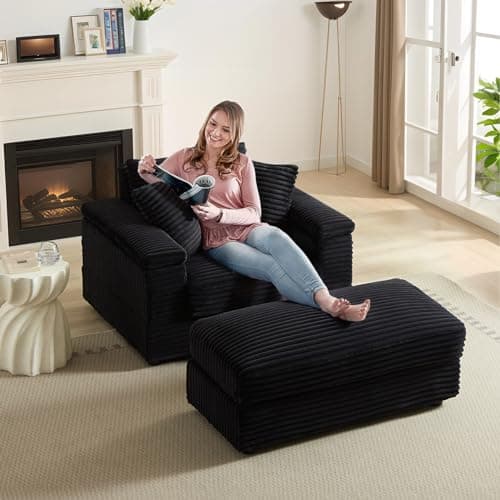 Midcentury Black Comfy Corduroy Chaise Lounge for Living Room, Bedroom, Apartment