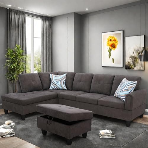 L-Shaped Couch with Chaise, 6 Seat Modern Living Room Sectional in Black/Grey with Storage