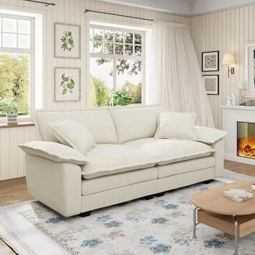 80.5-inch Modular Sectional Couch with Ottoman, Modern Oversized Corduroy Cloud Fluffy Deep Seat Loveseat Chaise Lounge Sofa with 2 Throw Pillows for Living Room Bedroom Apartment, Gray