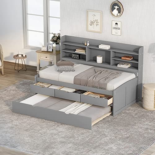 Upholstered Daybed with Trundle and Wood Slat Support, Gray