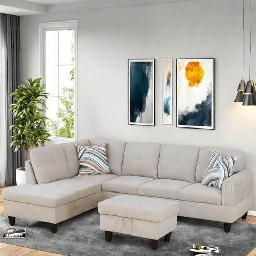 L-Shaped Couch with Chaise, 6 Seat Modern Living Room Sectional in Black/Grey with Storage