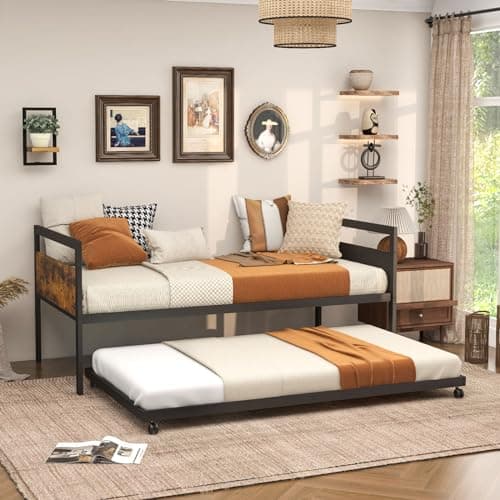 Giantex Rustic Brown Metal Day Bed with Trundle Support