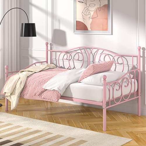 VECELO Pink Twin Multifunctional Metal Daybed Mattress Frame