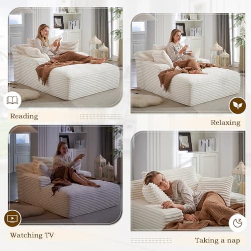 Oversized Chaise Lounge Chair, 50"W Corduroy Couch, Comfy Pillows, Modern Livingroom/Bedroom, White