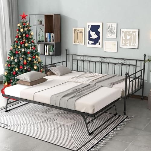 Height Adjustable Twin Daybed with Trundle, Black Pull-Out Sofa Bed for Living & Guest Rooms