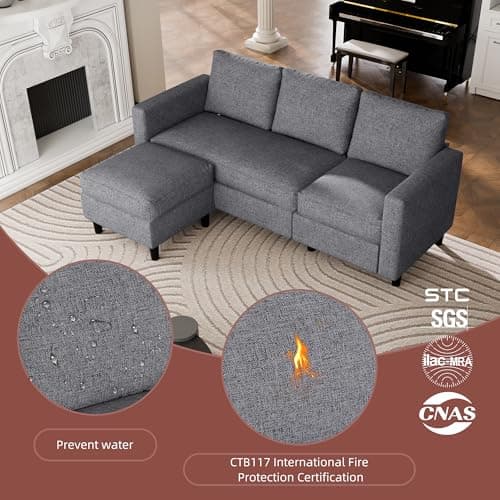 JAMFLY Dark Grey L Shaped Sectional Sofa with Ottoman for Small Living Rooms