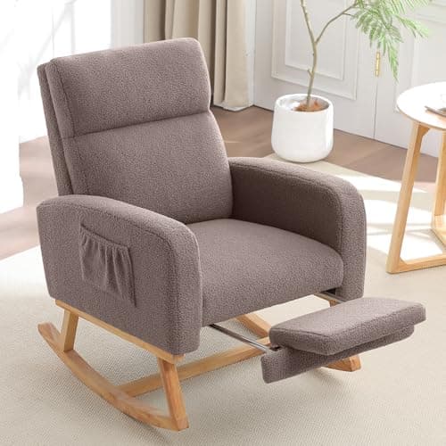 Nursing Rocking Chair with Footrest and High Backrest, Beige