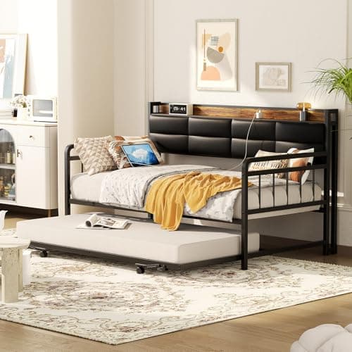Homieasy Rustic Brown Twin Daybed with Trundle & Charging Station