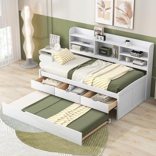 Upholstered Daybed with Trundle and Wood Slat Support, Gray