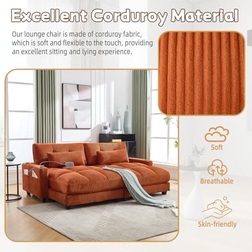 91" Orange Oversized Chaise Lounger with USB & Cup Holder for Living Room/Bedroom