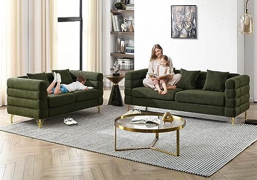 Modern 81-inch Couch + 60-inch Loveseat in Green Teddy Fabric