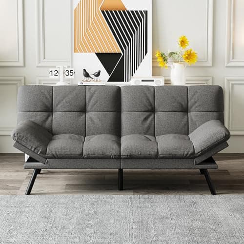Black Faux Leather Futon Sofa Bed with Memory Foam & Adjustable Backrest