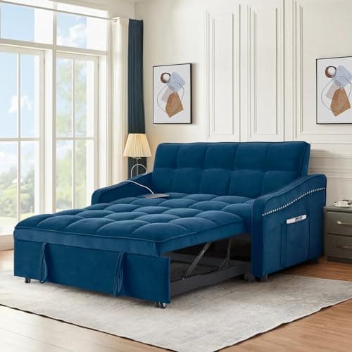 Modern 3-in-1 Sleeper Sofa with USB & Type C Port, 52 Small Velvet Loveseat Bed for Small Spaces - Blue