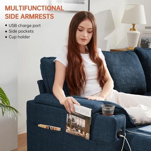 DURASPACE Blue Linen L-Shaped Sofa Bed with Storage Chaise
