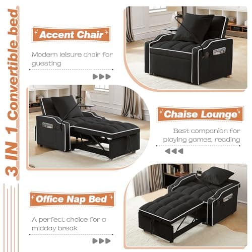 Modern Velvet Sleeper Sofa Bed with Charging Ports, Black
