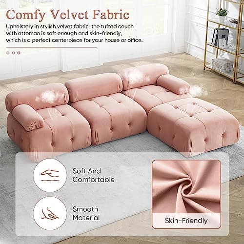 Antetek Modern Velvet L-Shaped 3-Seater Sofa with Movable Ottoman, 93-inch L Couch Furniture Set, Pink