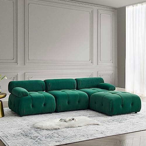 Antetek Modern Velvet L-Shaped 3-Seater Sofa with Movable Ottoman, 93-inch L Couch Furniture Set, Pink