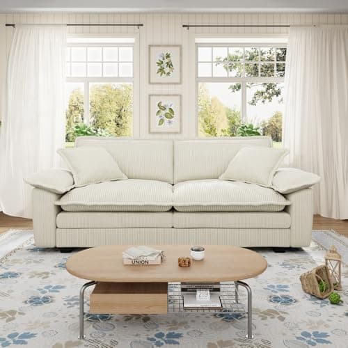 80.5-inch Modular Sectional Couch with Ottoman, Modern Oversized Corduroy Cloud Fluffy Deep Seat Loveseat Chaise Lounge Sofa with 2 Throw Pillows for Living Room Bedroom Apartment, Gray