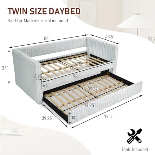 Antetek Gray Striped Corduroy Twin Daybed with Trundle, Small Space Bedroom