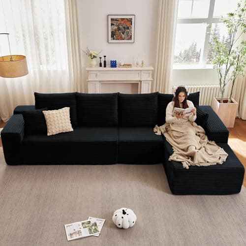 107" Black Right-Facing Chaise Modern Corduroy L-Shaped Sofa