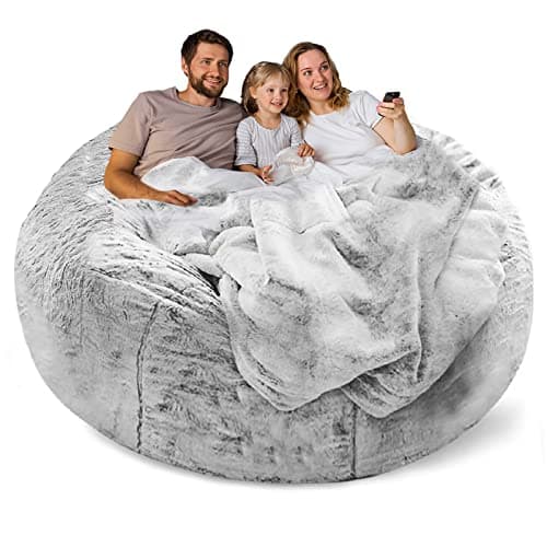 Dark Grey Big Round Soft Fluffy Bean Bag Chair Cover, Living Room Essential