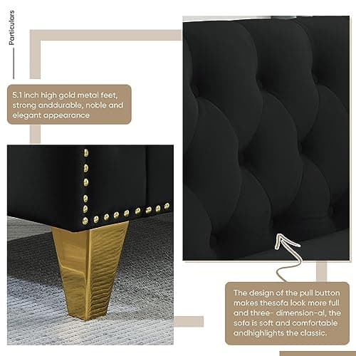 80" Modern Button Tufted Velvet Couch with Gold Nail Heads and Metal Legs for Living Room