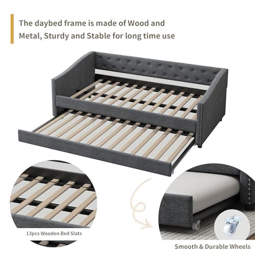 Dark Grey Nailhead Decorated Twin Daybed with Button Tufted Backrest and Wood Slat Support