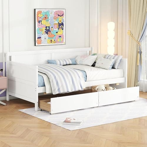 Twin Size Daybed Frame with Storage, White Wood Bed