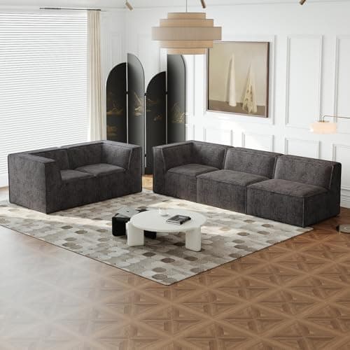 Antetek Oversized Sectional Couch, L-Shaped Modern Comfy Chenille Fabric Floor Foam Compression Modular Sectional Sofa, Couch and Loveseat Sets for Living Room Office, 5 Seater, Black