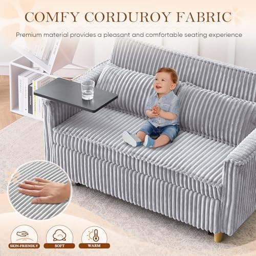 Antetek 3-in-1 Corduroy Convertible Sofa Bed, Gray with Movable Table & USB Ports
