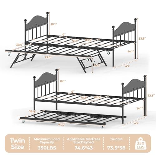 Stylish Metal Twin Size Daybed with Trundle for Living Room, Bedroom and Guest Room, Heavy Duty Steel Slats Platform, Black
| Pop Up Foldable Trundle Daybed with Headboard, Metal Twin Size Day Bed for Bedroom and Guest Room, Black
| Heavy Duty Steel