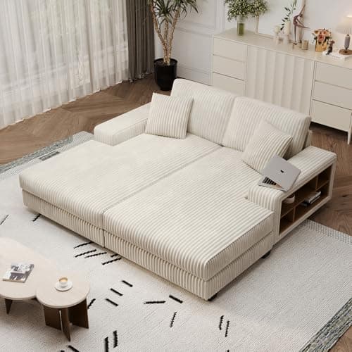 Oversized Modern Grey Corduroy Chaise Lounge Sleeper Couch with Storage Armrests