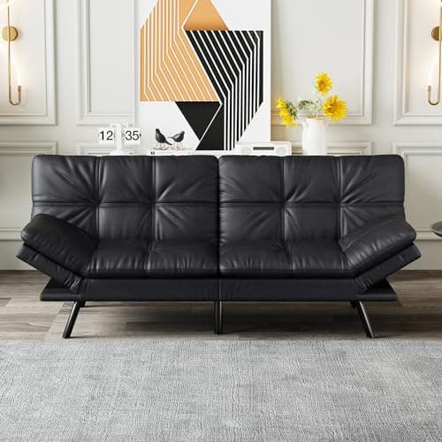Black Faux Leather Futon Sofa Bed with Memory Foam & Adjustable Backrest