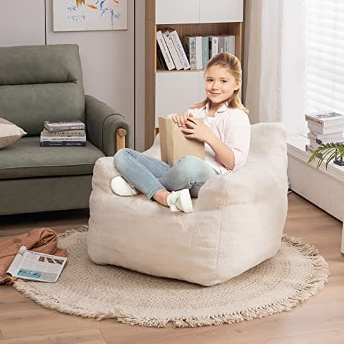 Soft Tufted Foam Bean Bag Chair for Adults and Kids in Ivory Color