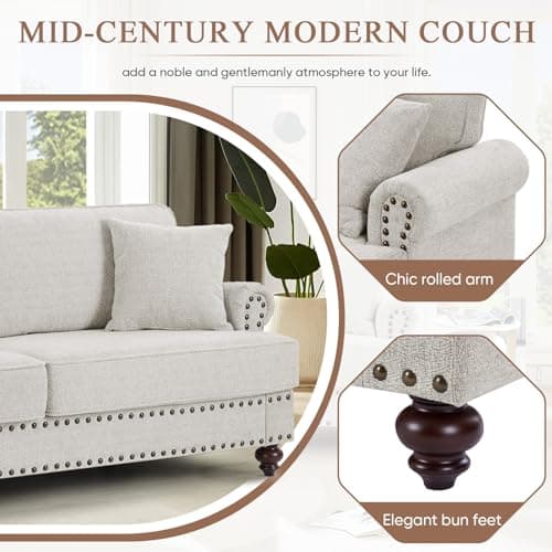 Antetek Chenille Sofa Couch, Mid-Century Modern 3-Seater Sofa with Bun Feet, Beige