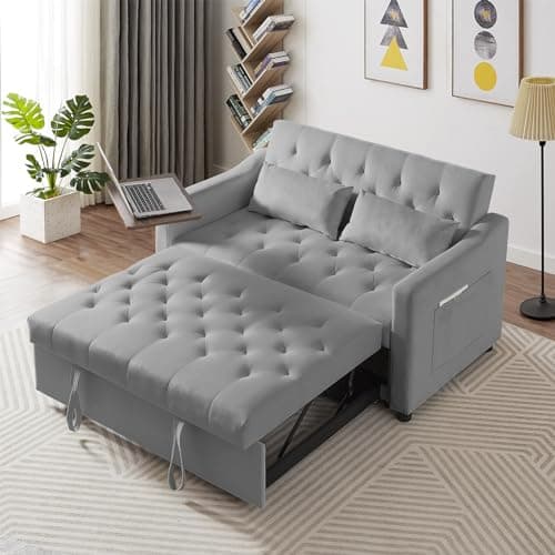 Antetek 3-in-1 Convertible Sofa Bed w/360° Rotating Side Table, Modern Velvet Sofa, White