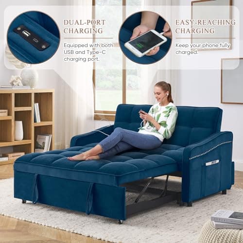 Modern 3-in-1 Sleeper Sofa with USB & Type C Port, 52 Small Velvet Loveseat Bed for Small Spaces - Blue