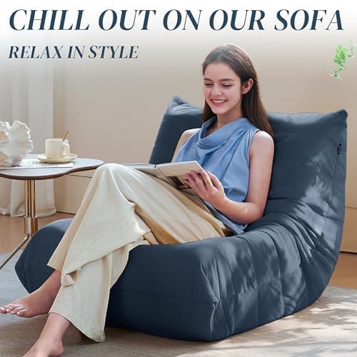 Modern Suede Bean Bag Chair for Adults, Dark Blue Corner Sofa Couch
