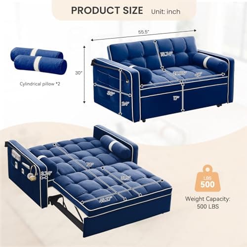 Antetek 3-in-1 Sleeper Sofa with Phone Holder, Blue Velvet Backrest
