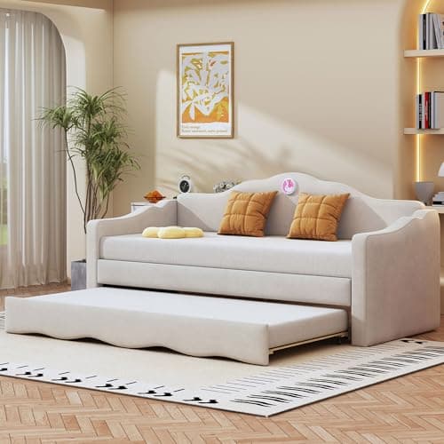 Beige Ball & Cast Upholstered Twin Daybed with Trundle & Wave Back Arm, Wood Slat Support