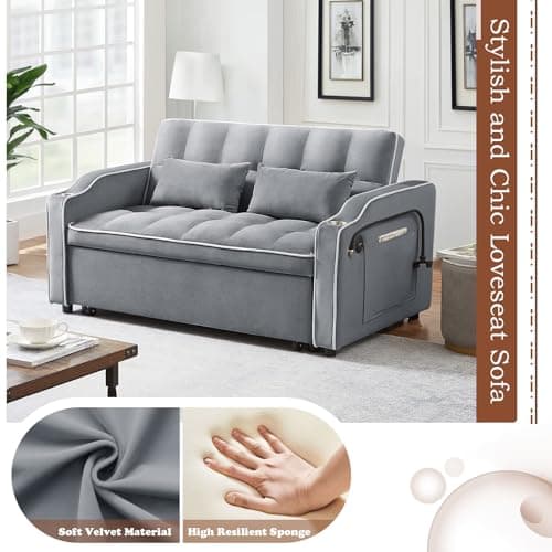 Light Grey Convertible Velvet Pull Out Sofa Bed with Phone Holder