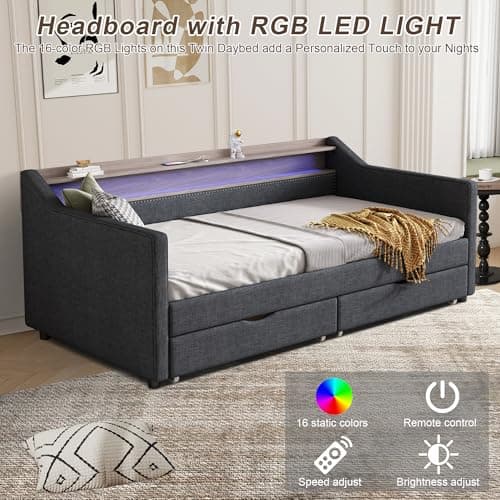 Linen Upholstered Twin Daybed with Storage and USB Port,Dark Grey