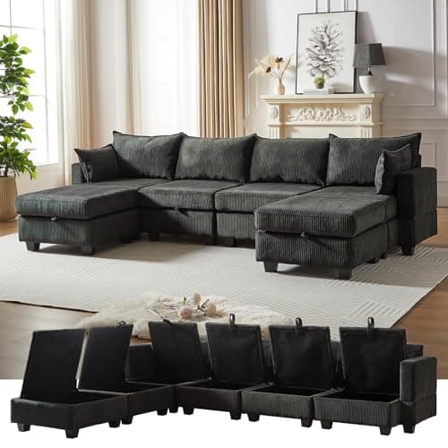 Antetek U-Shaped Sleeper Sofa Bed with Storage Ottoman, 6-Seat Corduroy Couch