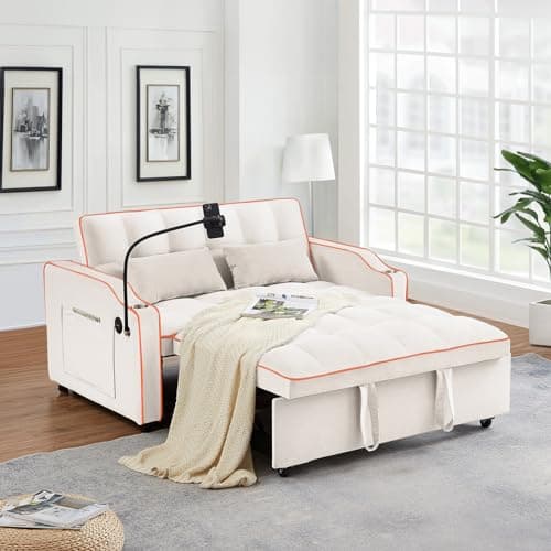 Light Grey Convertible Velvet Pull Out Sofa Bed with Phone Holder