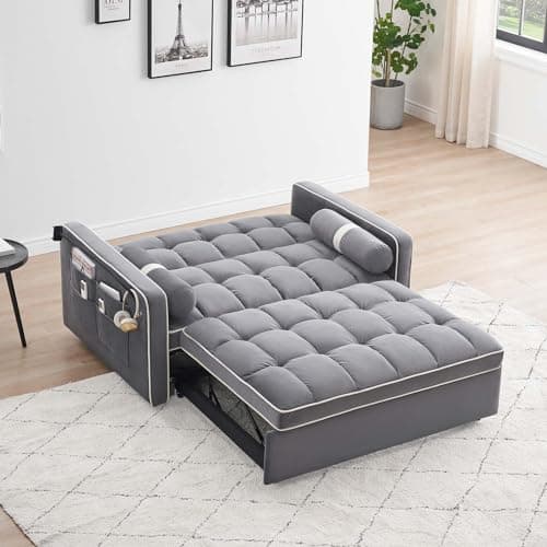 Antetek 3-in-1 Convertible Sleeper Sofa with Phone Holder - Modern Velvet Loveseat with Pullout Bed for Small Spaces, Grey