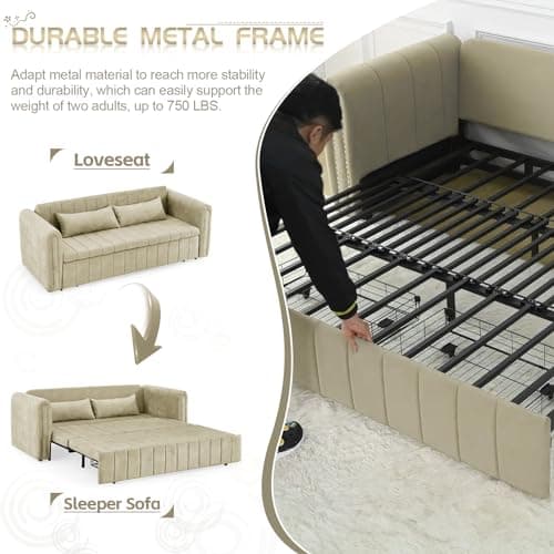 Antetek 82 Velvet Sleeper Sofa - Modern 3-Seat Couch with Pullout Bed & Pillows, Beige